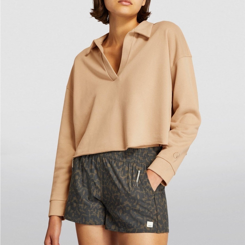 Vuori Sedona Polo Crop Raw Hem Long Sleeve Pullover - Coconut M